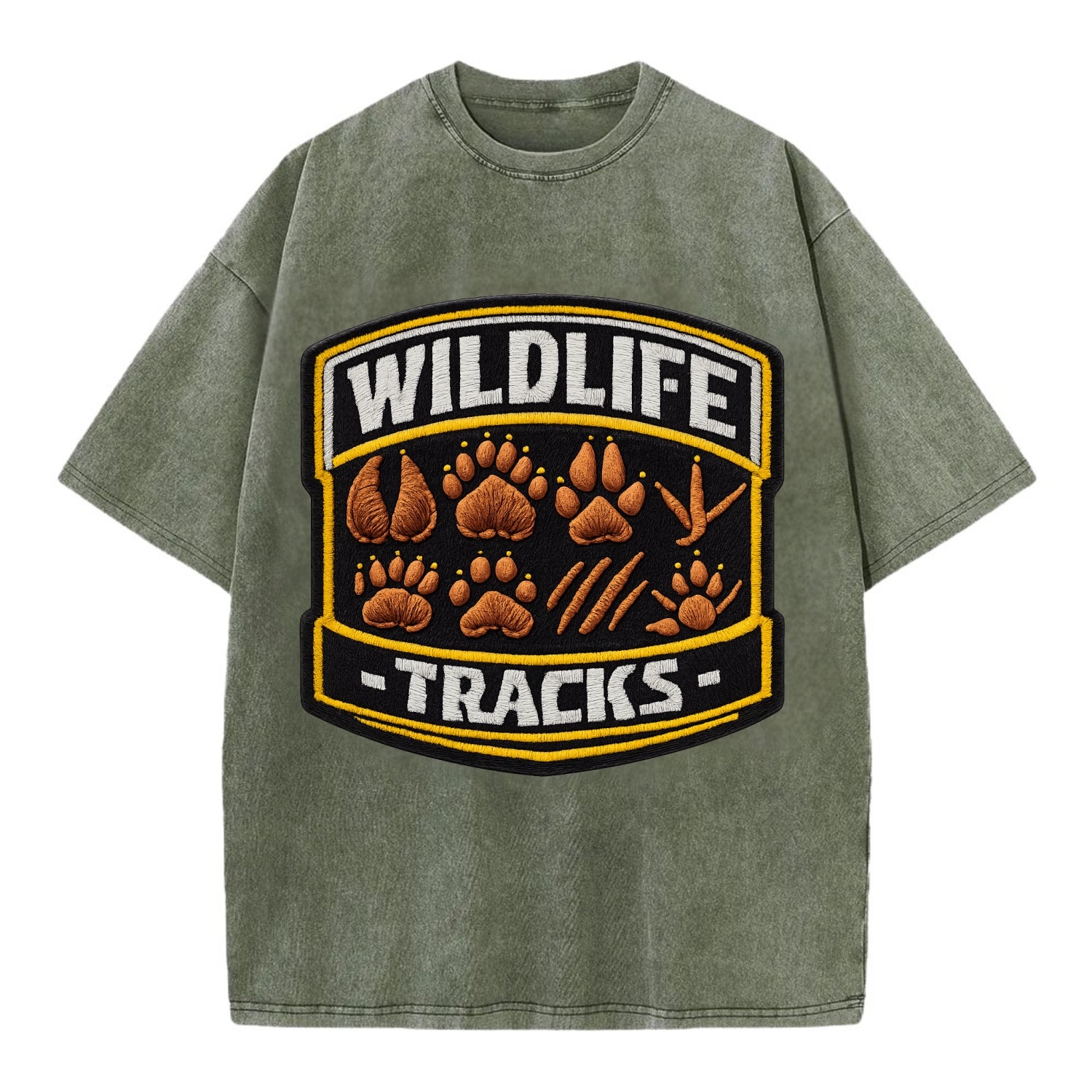 WILDLIFE TRACKS - animal footprints in brown , tracker - Vintage T-shirt - Army Green