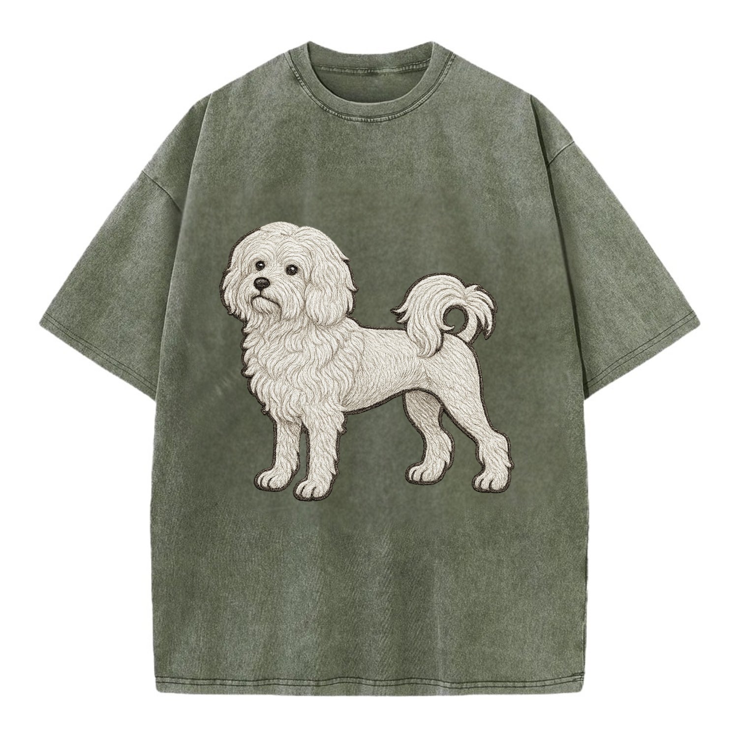 Löwchen - Little Lion Dog white embroidered pose - Vintage T-shirt - Army Green