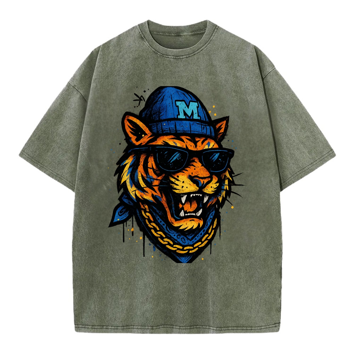 Memphis Tiger wearing Memphis beanie with M patch - Vintage T-shirt - Army Green