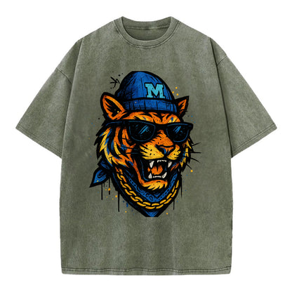 Memphis Tiger wearing Memphis beanie with M patch - Vintage T-shirt - Army Green