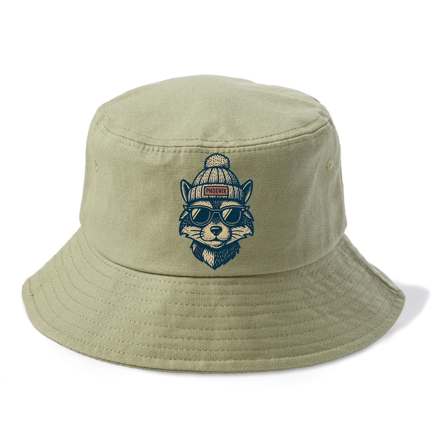 Arizona Ringtail wearing Phoenix beanie with pom pom and wayfarer sunglasses - Bucket Hat - Army Green