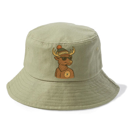 Edmonton Elk wearing Edmonton beanie with pom pom and wayfarer sunglasses - Bucket Hat - Army Green