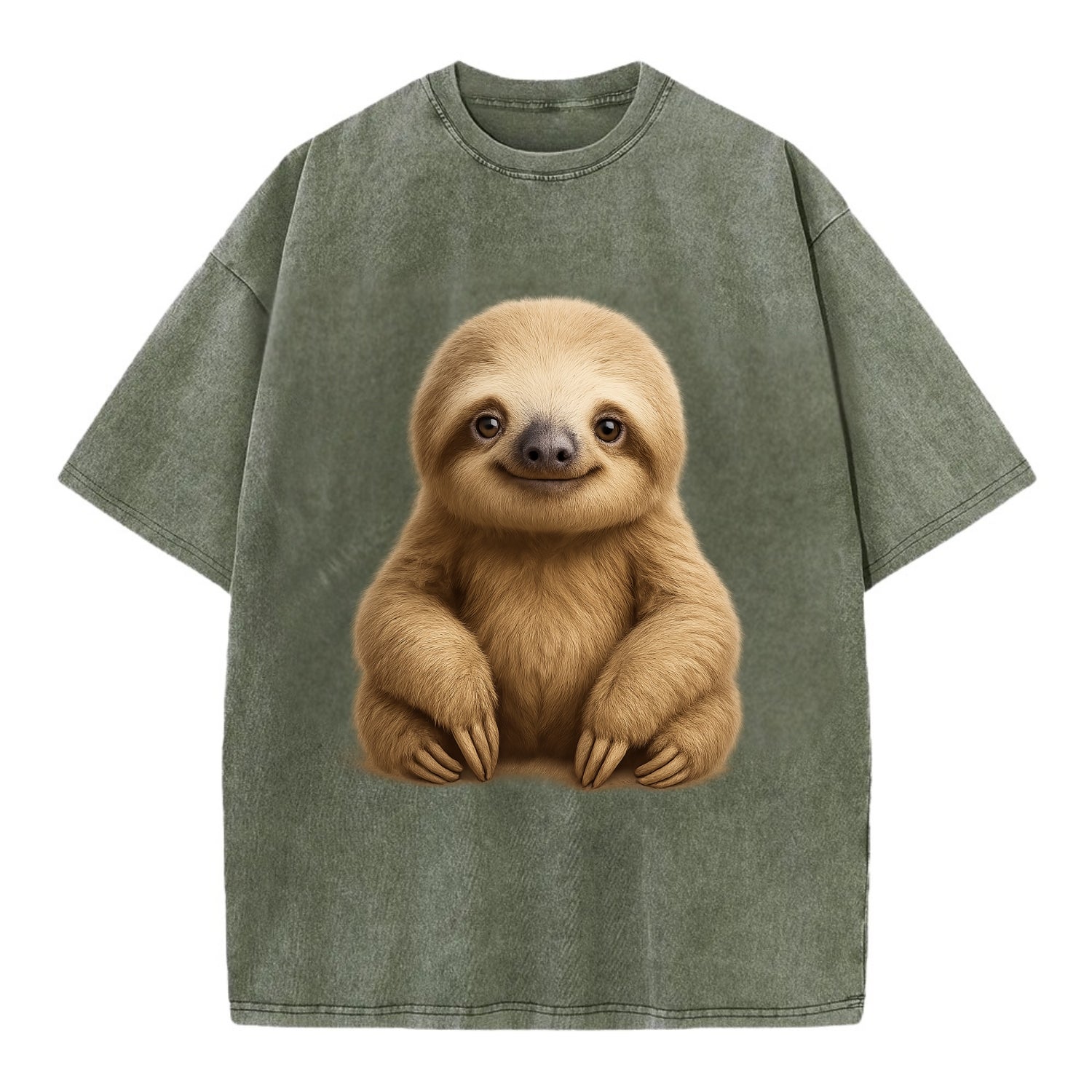 Baby Sloth - tan fur, long arms, peaceful smile, gentle eyes, front-facing, zen - Vintage T-shirt - Army Green