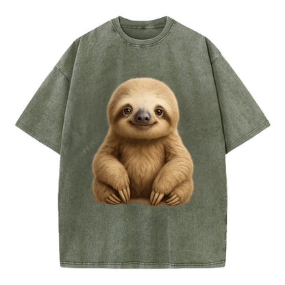 Baby Sloth - tan fur, long arms, peaceful smile, gentle eyes, front-facing, zen - Vintage T-shirt - Army Green