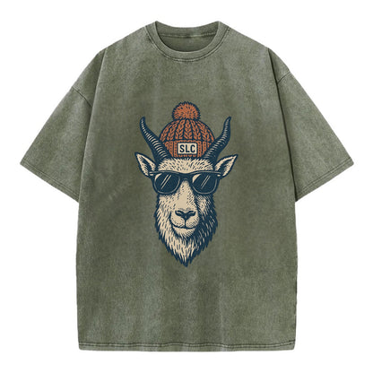Salt Lake City Mountain Goat wearing SLC beanie with pom pom and wayfarer - Vintage T-shirt - Army Green