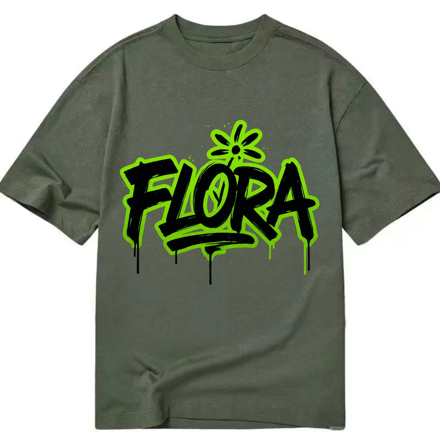 Bold typography design - "FLORA" - plant life, blooming - Classic T-shirt - Army Green