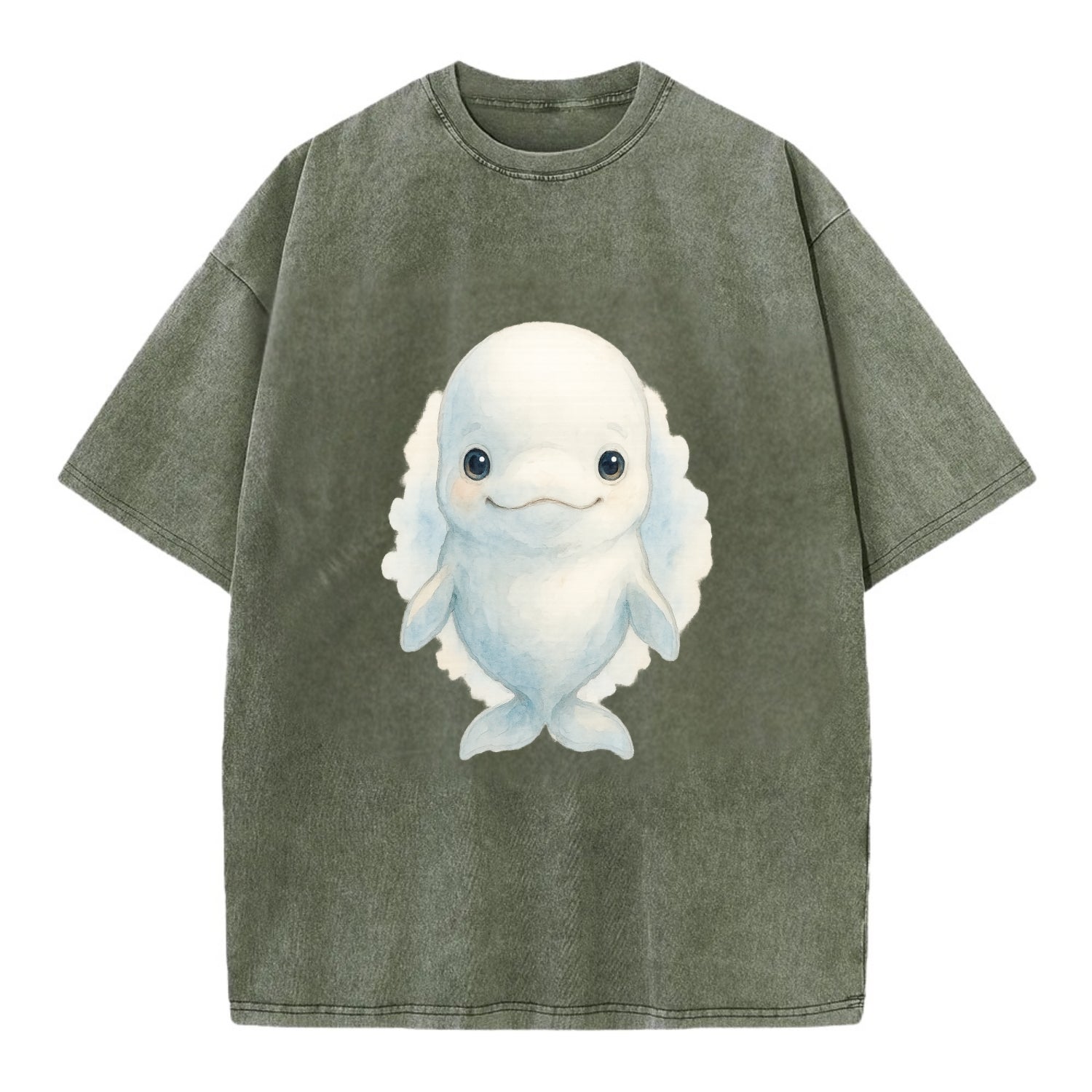 Baby Beluga Whale - pure white, rounded forehead, small eyes with big - Vintage T-shirt - Army Green