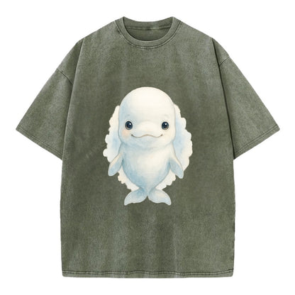 Baby Beluga Whale - pure white, rounded forehead, small eyes with big - Vintage T-shirt - Army Green