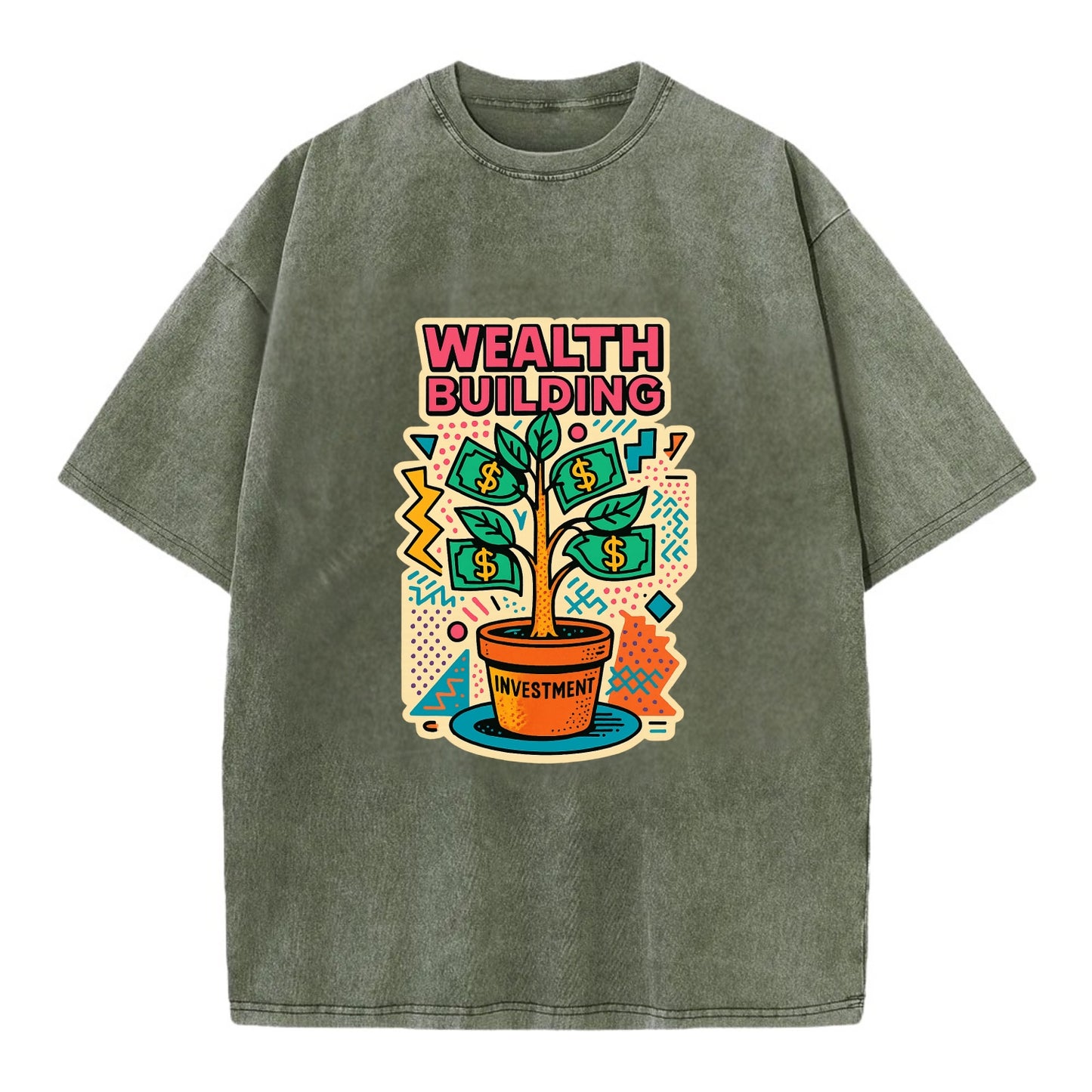 Money tree growing from investment pot - financial independence journey, wealth - Vintage T-shirt - Army Green
