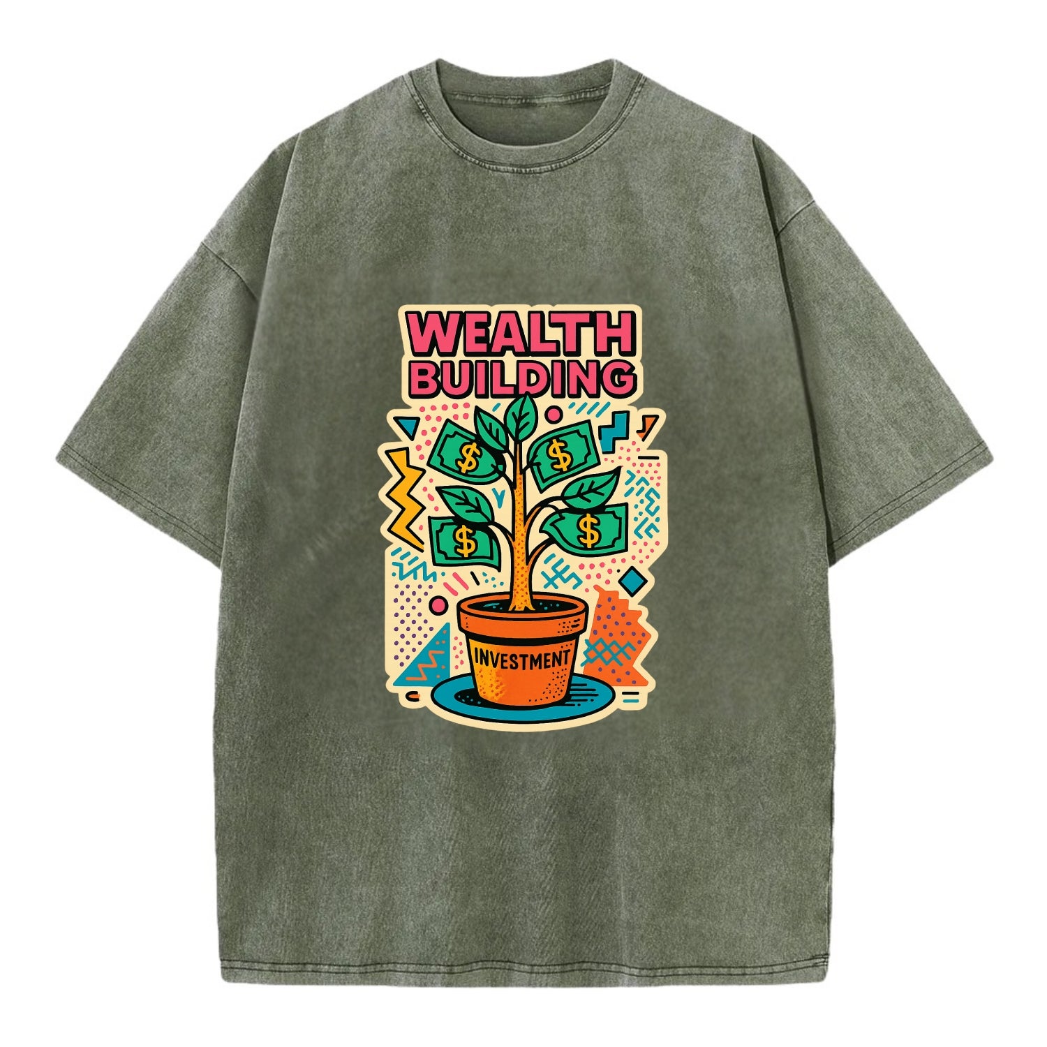 Money tree growing from investment pot - financial independence journey, wealth - Vintage T-shirt - Army Green