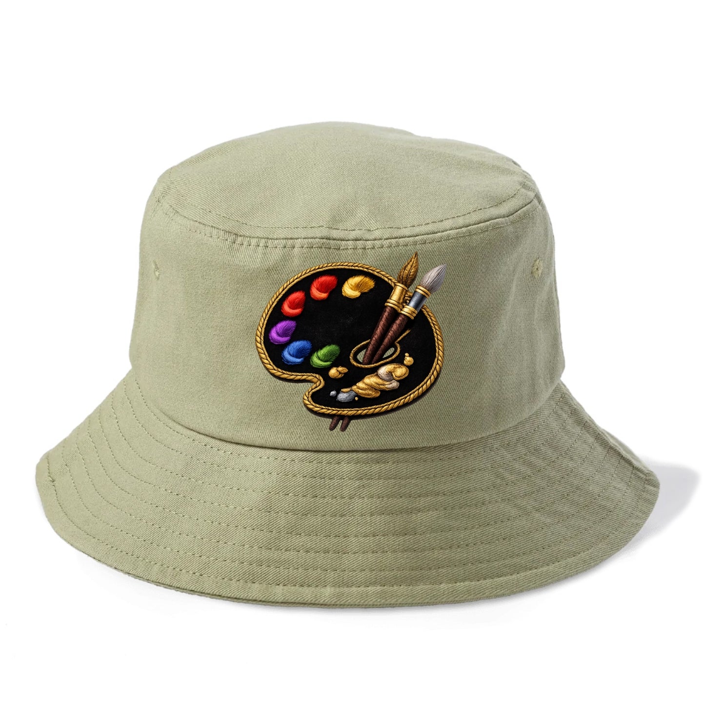 Embroidered patch design - PAINT PALETTE - artist palette with brushes in rainbow and - Bucket Hat - Army Green