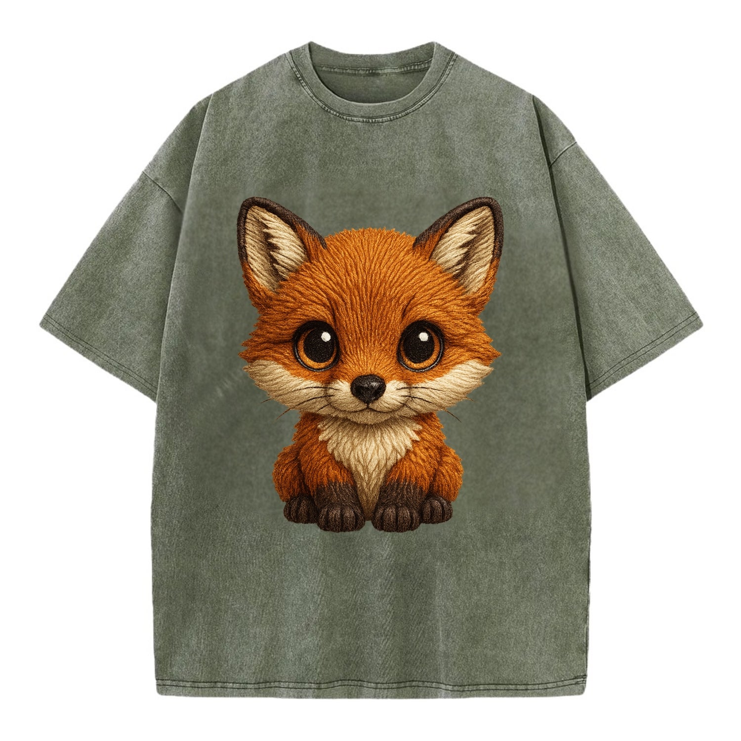 Baby Red Fox - russet fur, white chest, big amber eyes, perky ears, front-facing, - Vintage T-shirt - Army Green