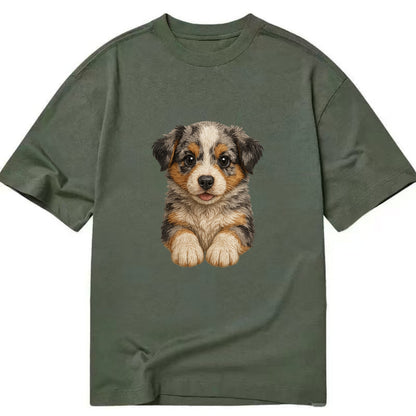Baby Australian Shepherd Puppy - merle coat, bright eyes, fluffy, front-facing, - Classic T-shirt - Army Green