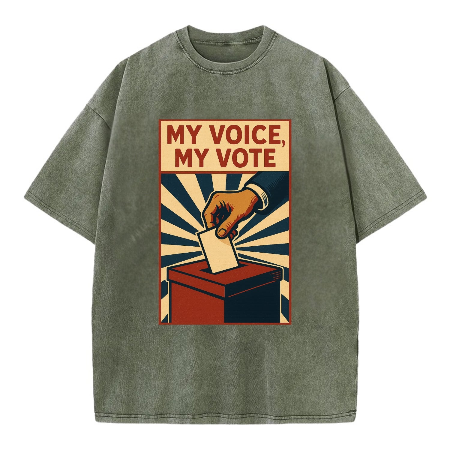 Hand dropping ballot into box with determination - "My Voice, My Vote" - - Vintage T-shirt - Army Green