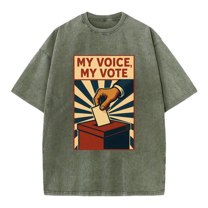 Hand dropping ballot into box with determination - "My Voice, My Vote" - - Vintage T-shirt - Army Green