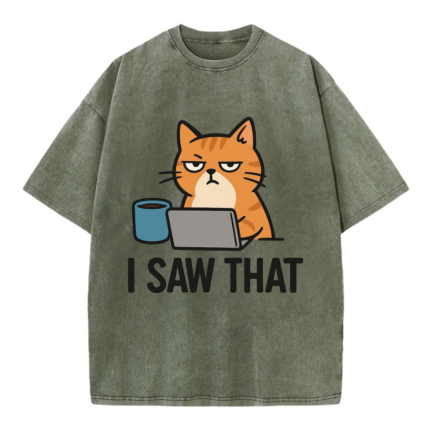 Cat with one eye open judging you - "I SAW THAT" - nothing escapes notice - Vintage T-shirt - Army Green