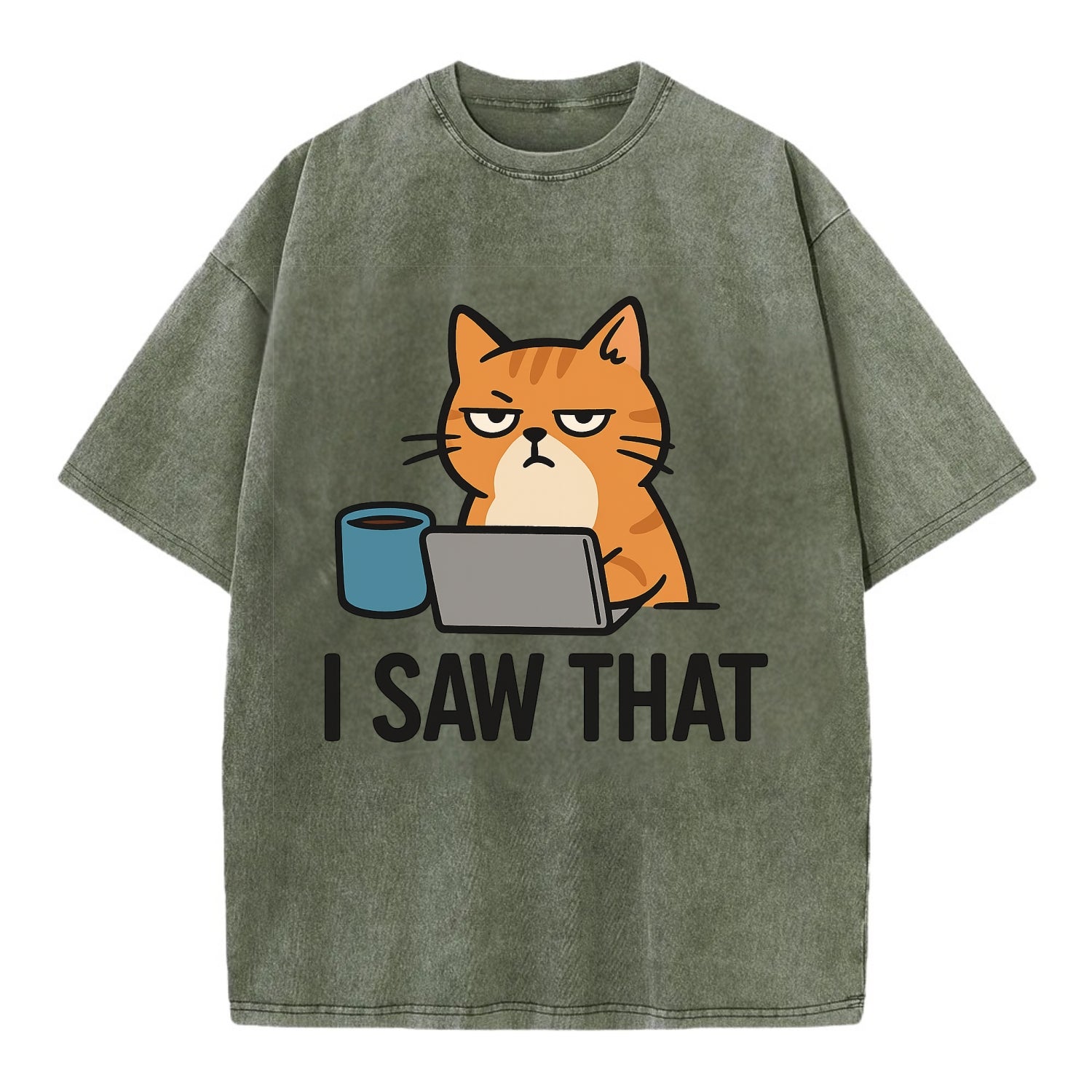 Cat with one eye open judging you - "I SAW THAT" - nothing escapes notice - Vintage T-shirt - Army Green