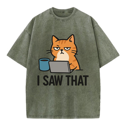 Cat with one eye open judging you - "I SAW THAT" - nothing escapes notice - Vintage T-shirt - Army Green