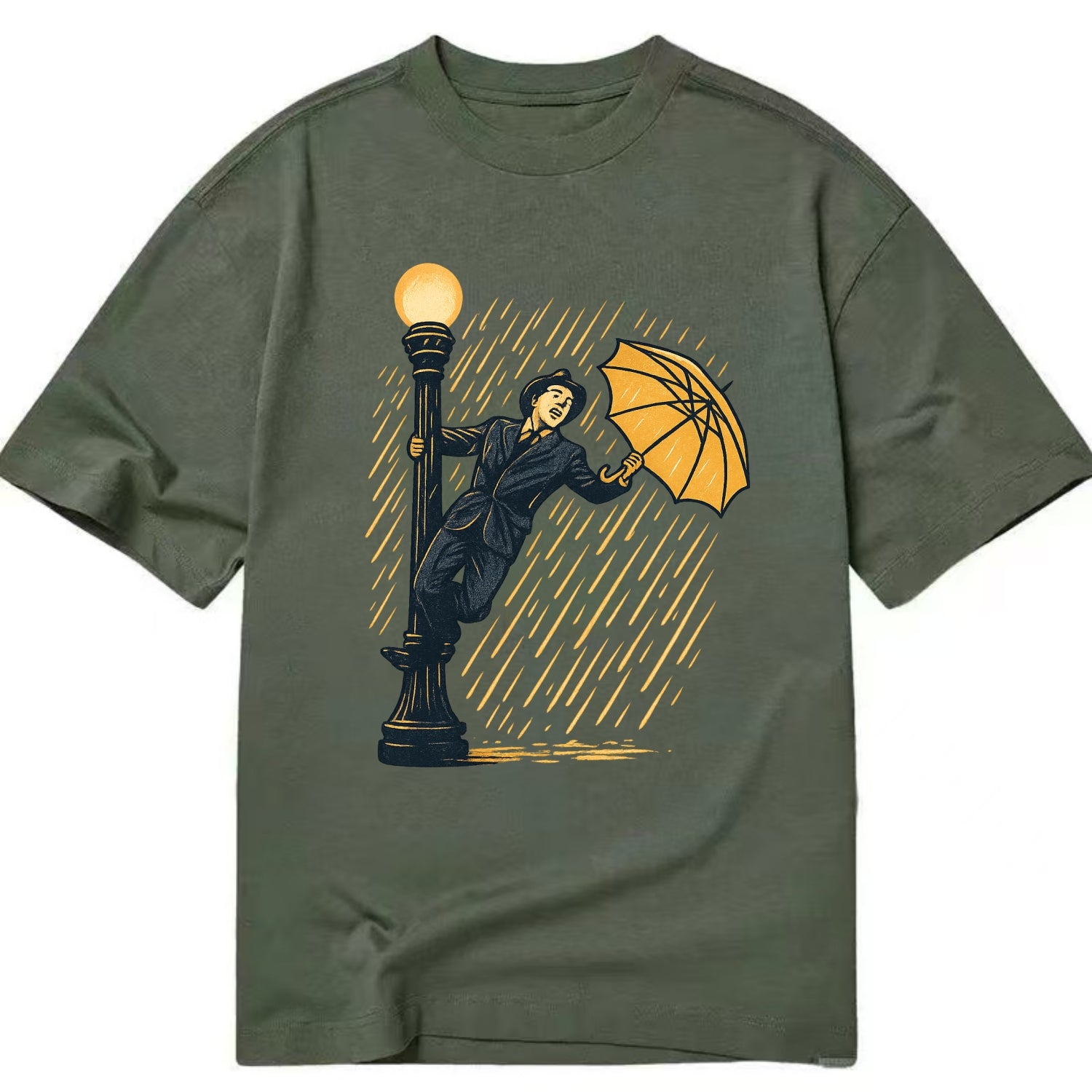 joyful dancing on lamppost in heavy rain with big smile - Classic T-shirt - Army Green
