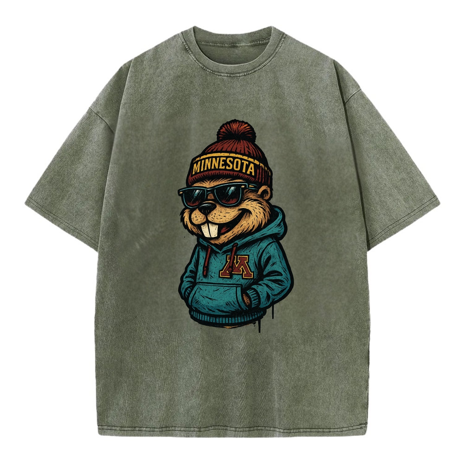 Minneapolis Gopher wearing Minnesota beanie with M patch - Vintage T-shirt - Army Green