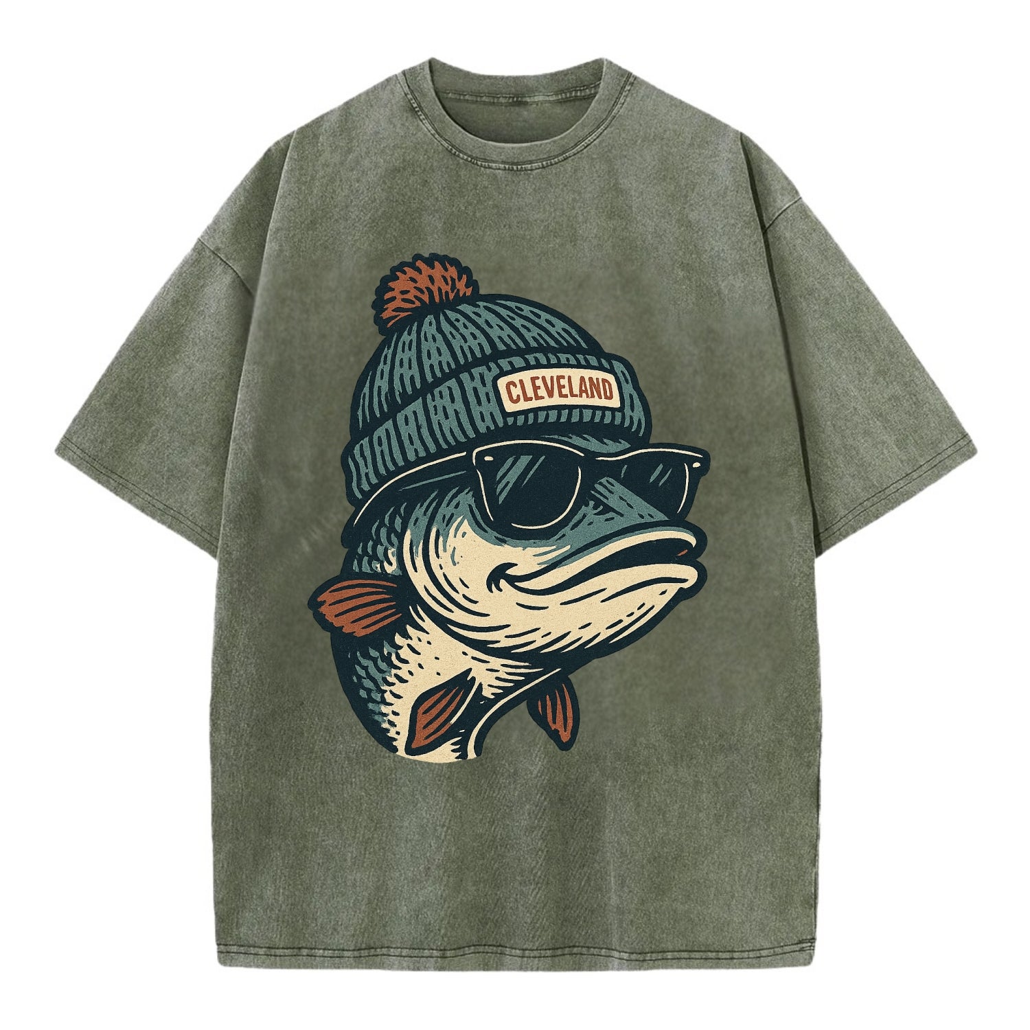 Cleveland Lake Erie Walleye wearing Cleveland beanie with pom pom and wayfarer - Vintage T-shirt - Army Green