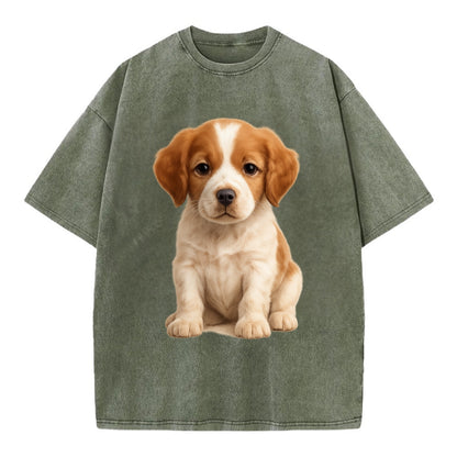 Baby Brittany Puppy - orange and white, compact, bright eyes, feathered, - Vintage T-shirt - Army Green