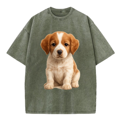 Baby Brittany Puppy - orange and white, compact, bright eyes, feathered, - Vintage T-shirt