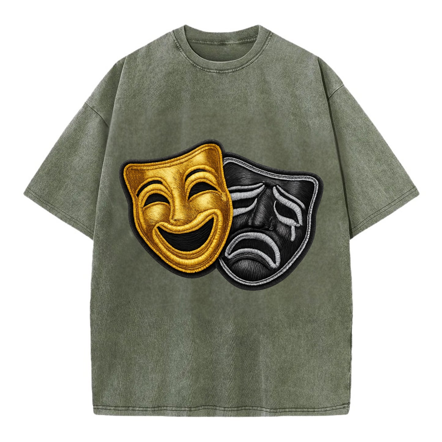 BROADWAY MASKS - comedy tragedy masks in gold and black , theater - Vintage T-shirt - Army Green