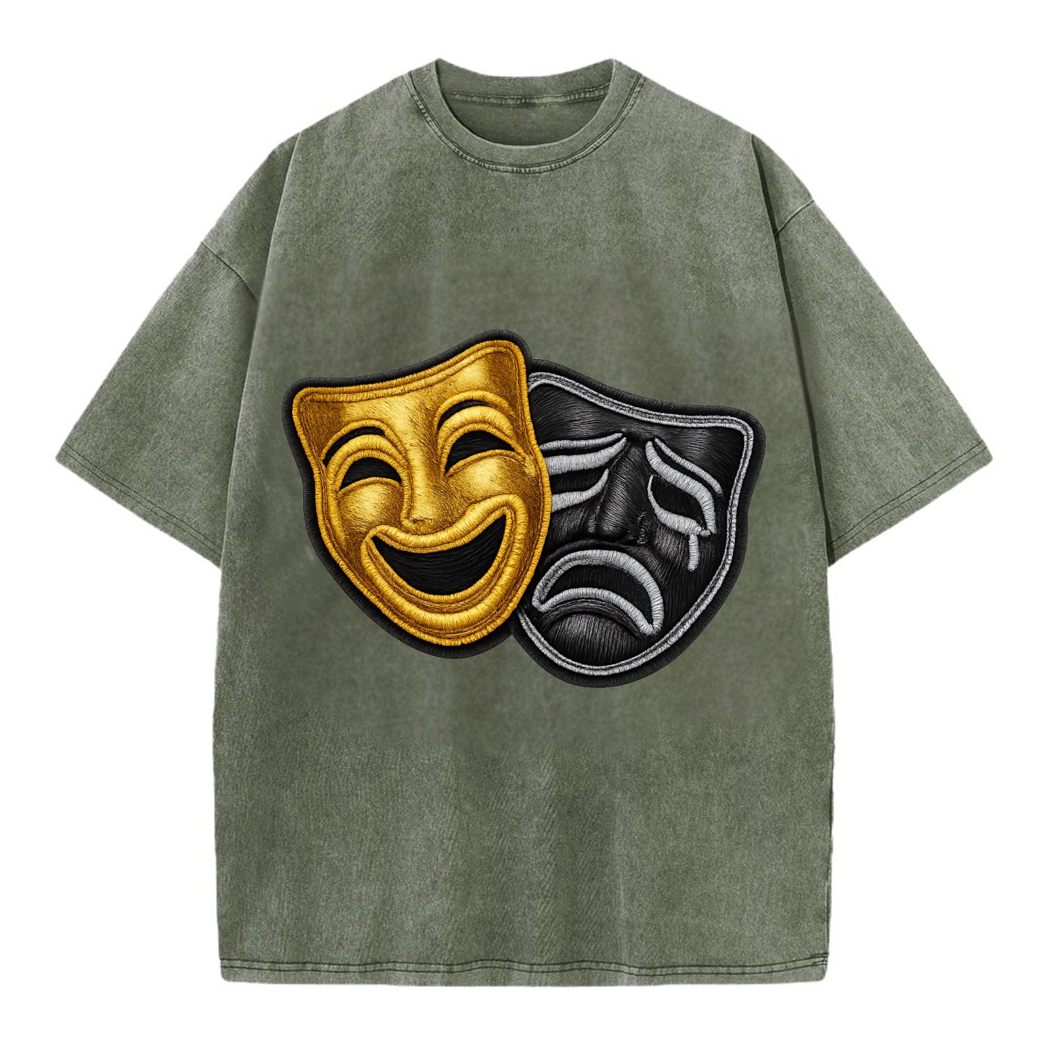 BROADWAY MASKS - comedy tragedy masks in gold and black , theater - Vintage T-shirt - Army Green