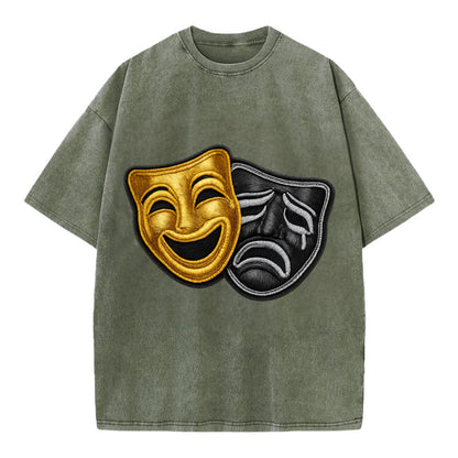 BROADWAY MASKS - comedy tragedy masks in gold and black , theater - Vintage T-shirt - Army Green