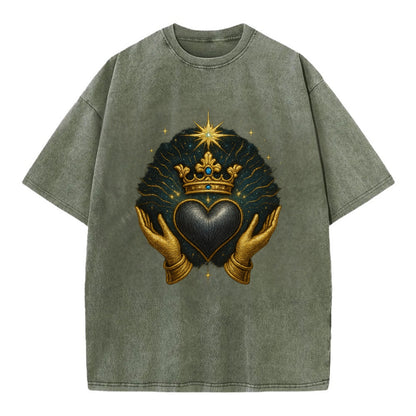 Pearl-studded tiara atop a satin-gunmetal heart supported by elegant opera-glove - Vintage T-shirt - Army Green
