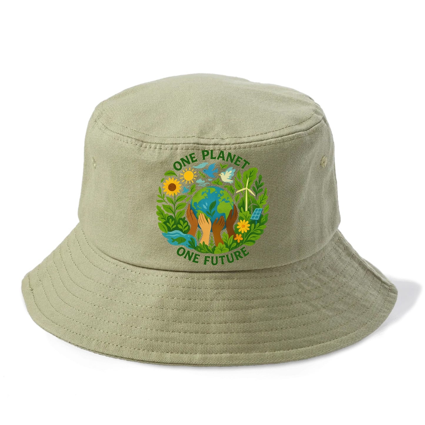 Globe surrounded by hands of all colors working together - "One Planet, One Future" - - Bucket Hat - Army Green
