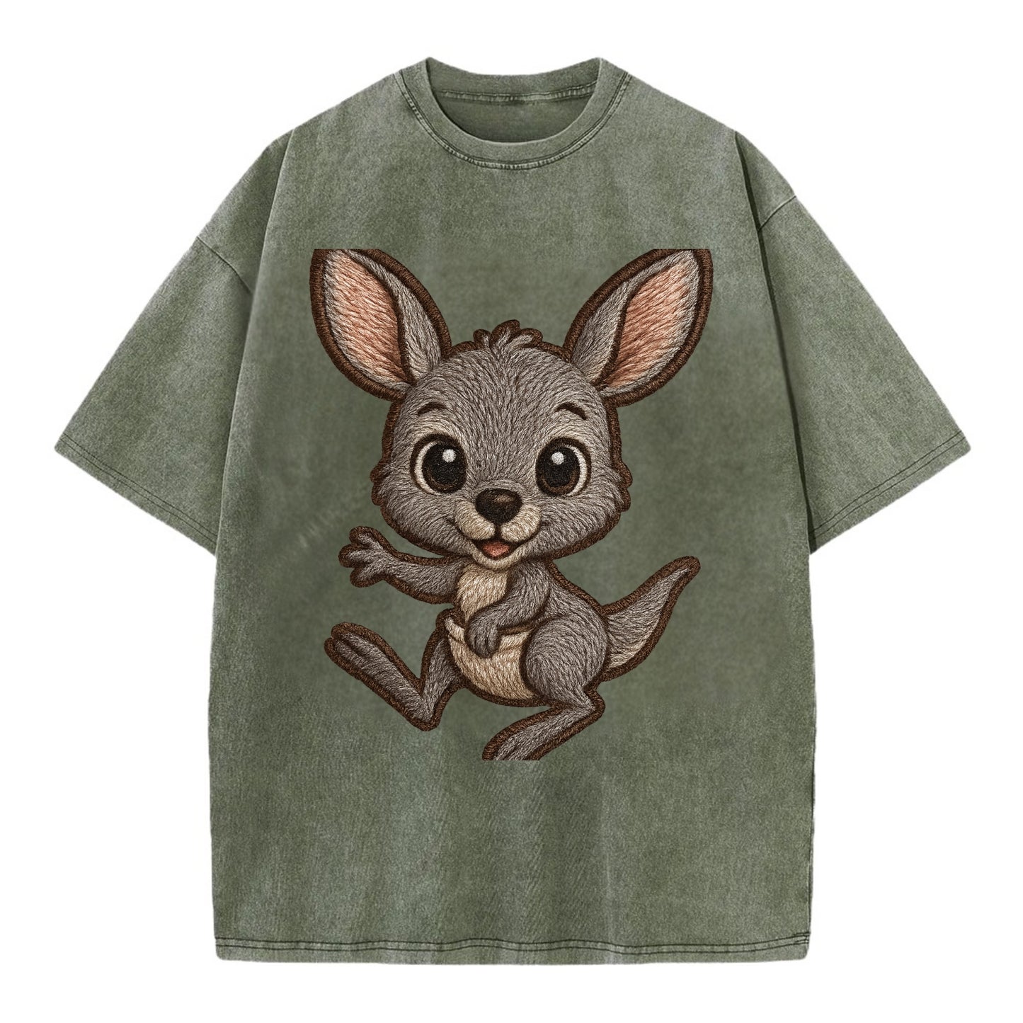 Baby Kangaroo Joey - gray fur, large ears, in pouch peek, bright eyes, - Vintage T-shirt - Army Green