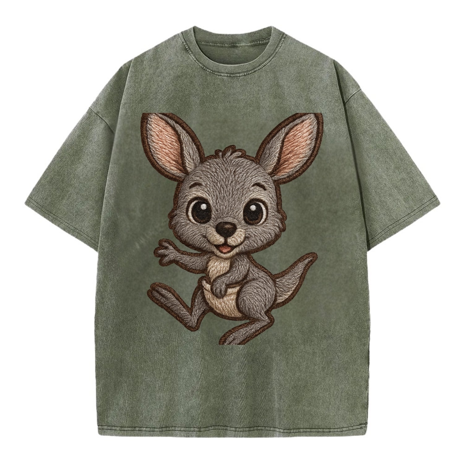 Baby Kangaroo Joey - gray fur, large ears, in pouch peek, bright eyes, - Vintage T-shirt - Army Green