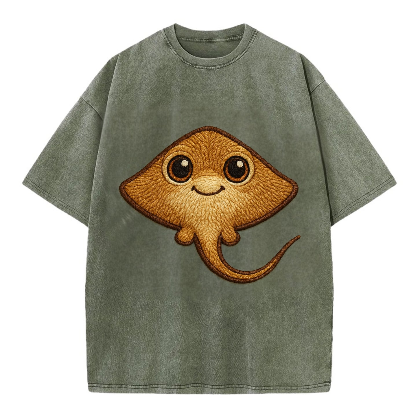 Baby Stingray - flat body, long tail, eyes on top, front-facing, friendly - Vintage T-shirt - Army Green