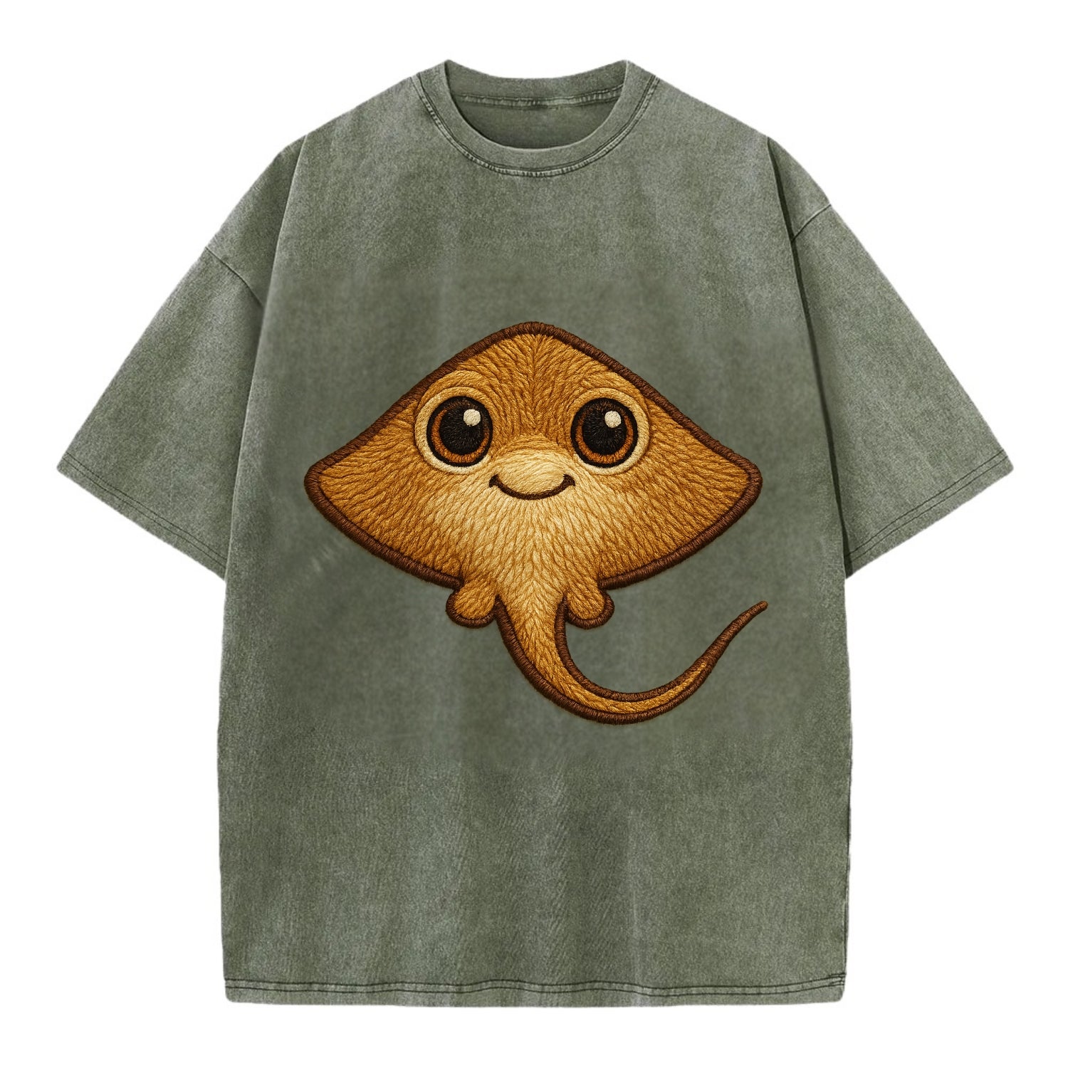 Baby Stingray - flat body, long tail, eyes on top, front-facing, friendly - Vintage T-shirt - Army Green