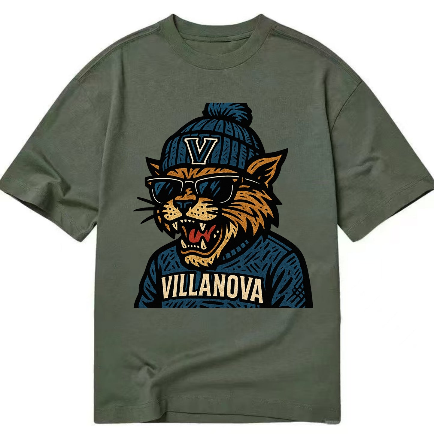 Villanova Wildcat wearing Villanova beanie with V patch - Classic T-shirt - Army Green