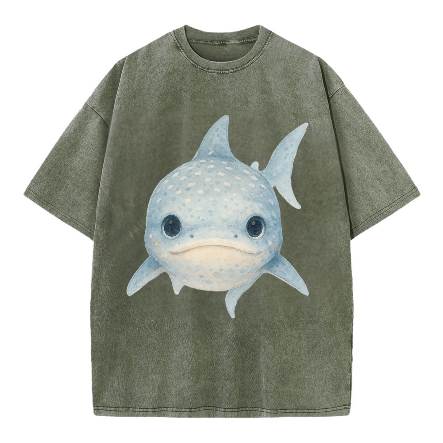 Baby Whale Shark - spotted blue-gray, wide mouth closed, tiny eyes, front-facing, - Vintage T-shirt - Army Green