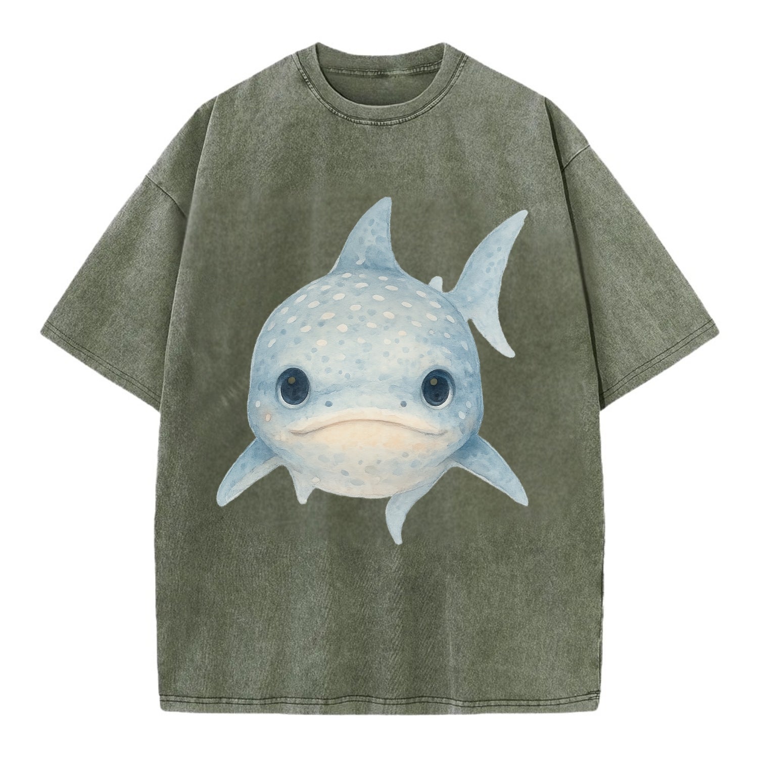 Baby Whale Shark - spotted blue-gray, wide mouth closed, tiny eyes, front-facing, - Vintage T-shirt - Army Green
