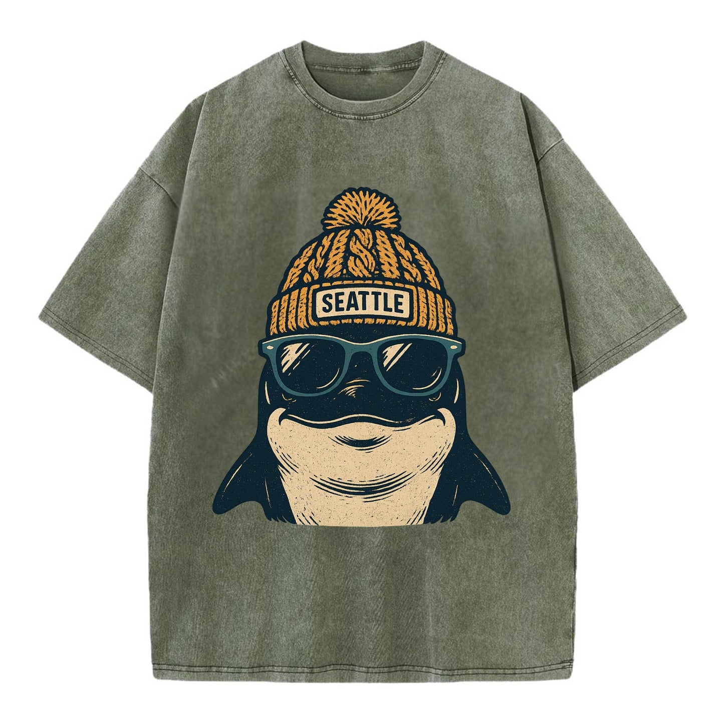 Seattle Orca wearing Seattle beanie with pom pom and wayfarer sunglasses - Vintage T-shirt - Army Green