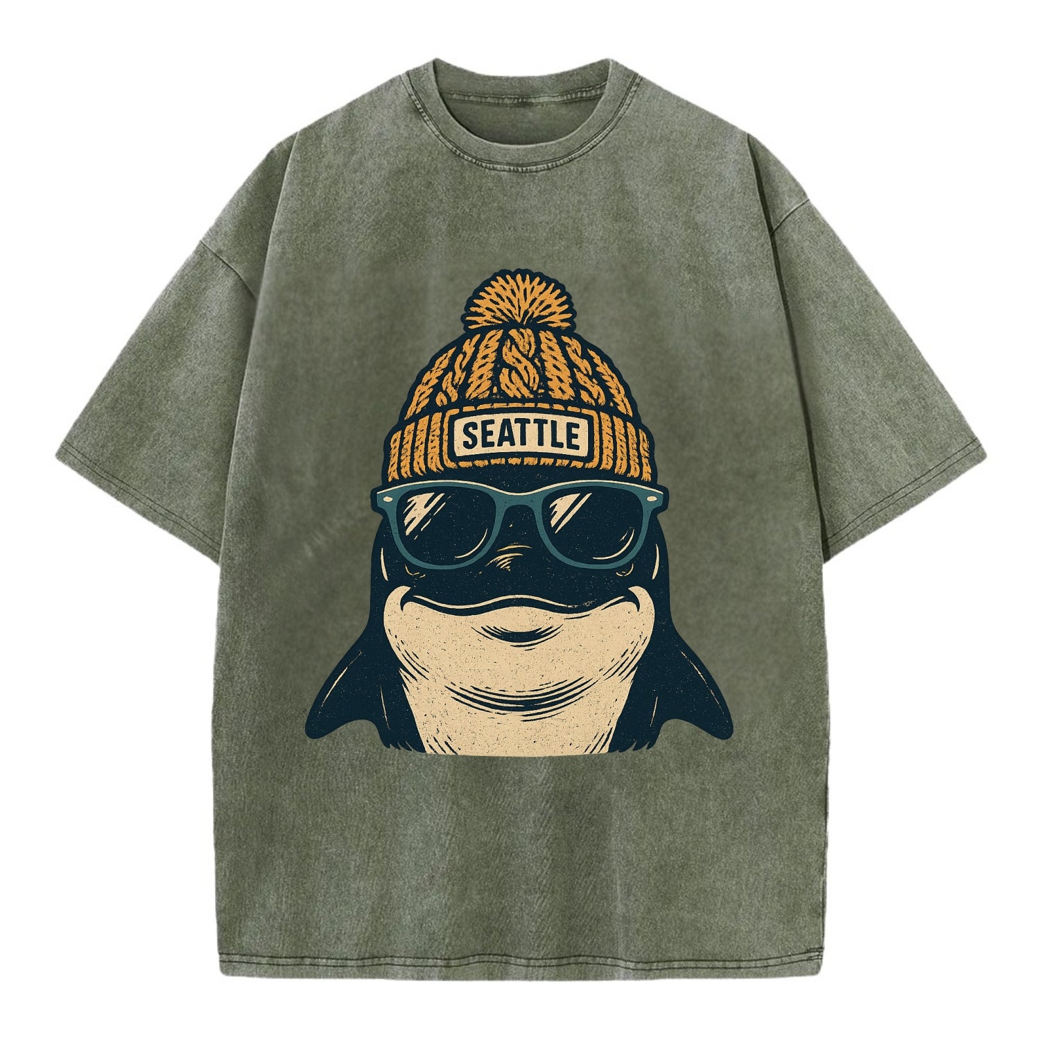 Seattle Orca wearing Seattle beanie with pom pom and wayfarer sunglasses - Vintage T-shirt - Army Green