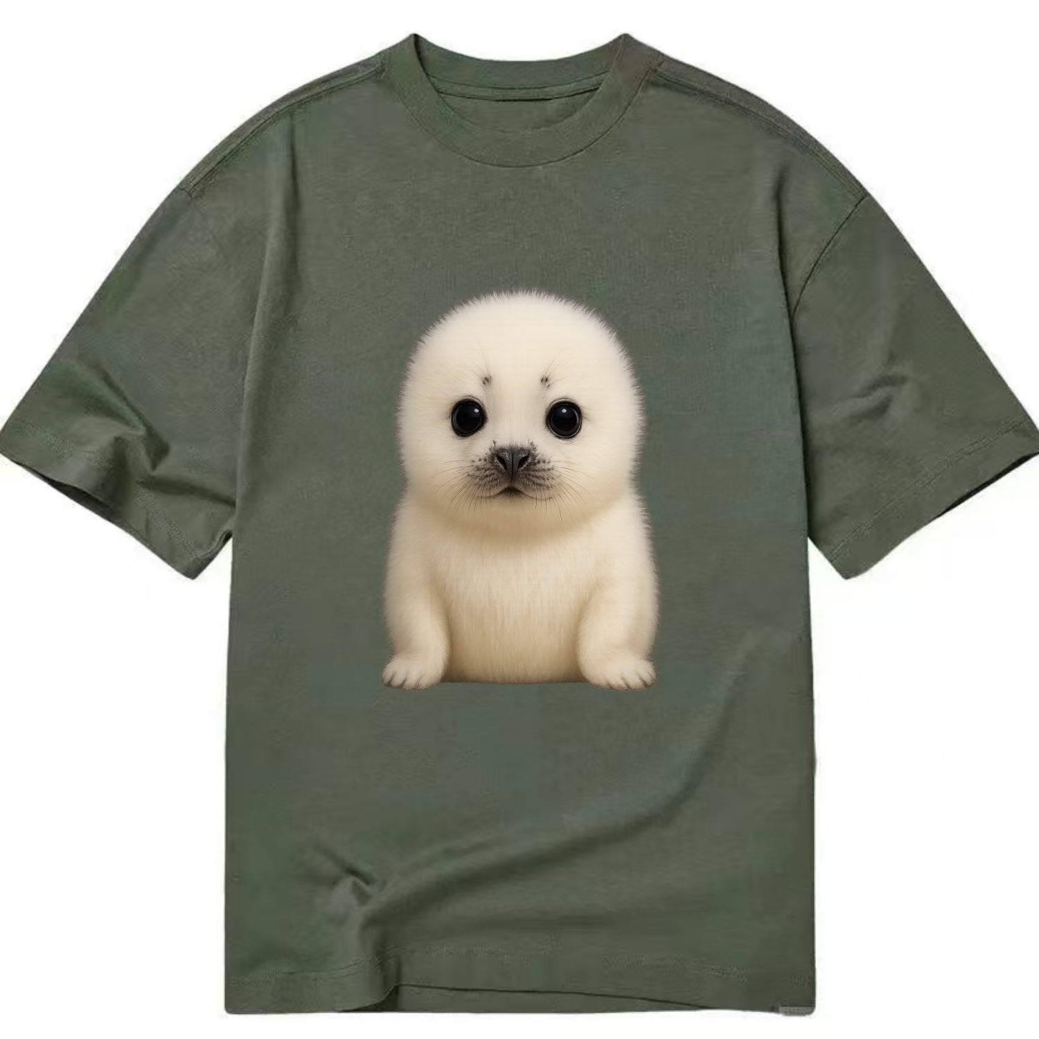 Baby Harp Seal - pure white fluffy fur, enormous dark eyes, front-facing, iconic - Classic T-shirt - Army Green