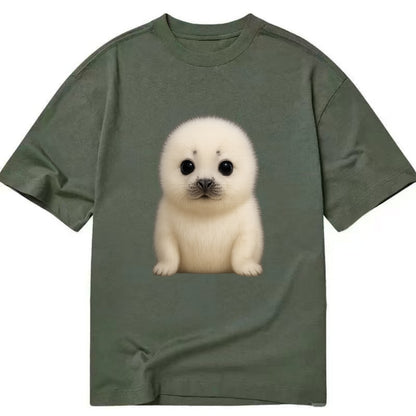 Baby Harp Seal - pure white fluffy fur, enormous dark eyes, front-facing, iconic - Classic T-shirt - Army Green
