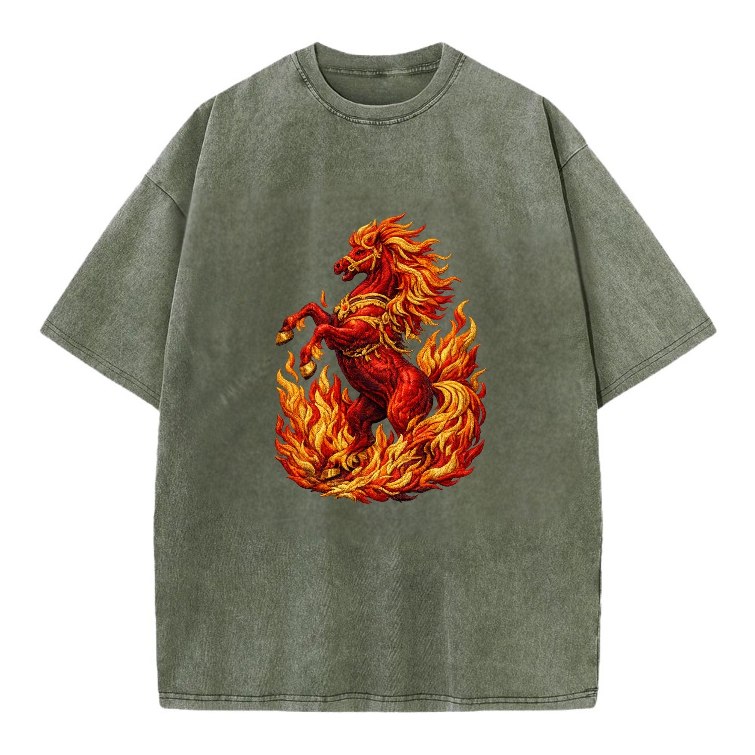VICTORY BLAZE | Triumphant rearing horse in flames | Achievement celebration | - Vintage T-shirt - Army Green