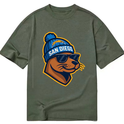 San Diego Sea Lion wearing Chargers beanie with bolt patch and wayfarer sunglasses - Classic T-shirt - Army Green