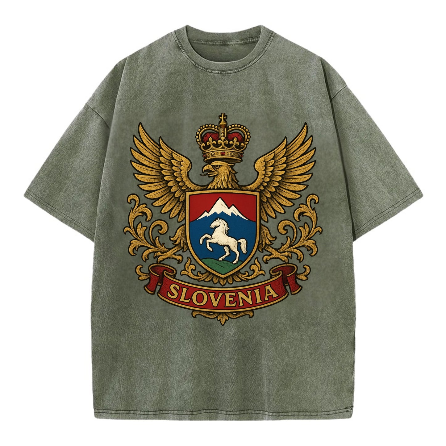 Slovenia Heritage Badge  - Vintage T-shirt - Army Green