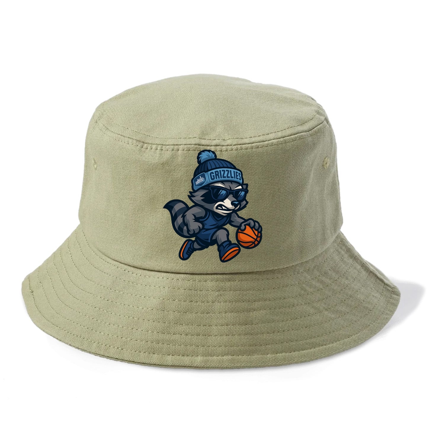 Memphis Raccoon wearing Grizzlies beanie with riverboat patch and wayfarer sunglasses - Bucket Hat - Army Green