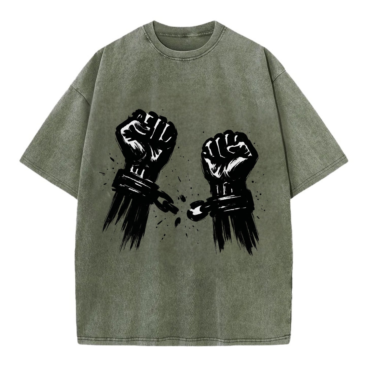 Two raised fists breaking chains - liberation and freedom ink painting - Vintage T-shirt - Army Green