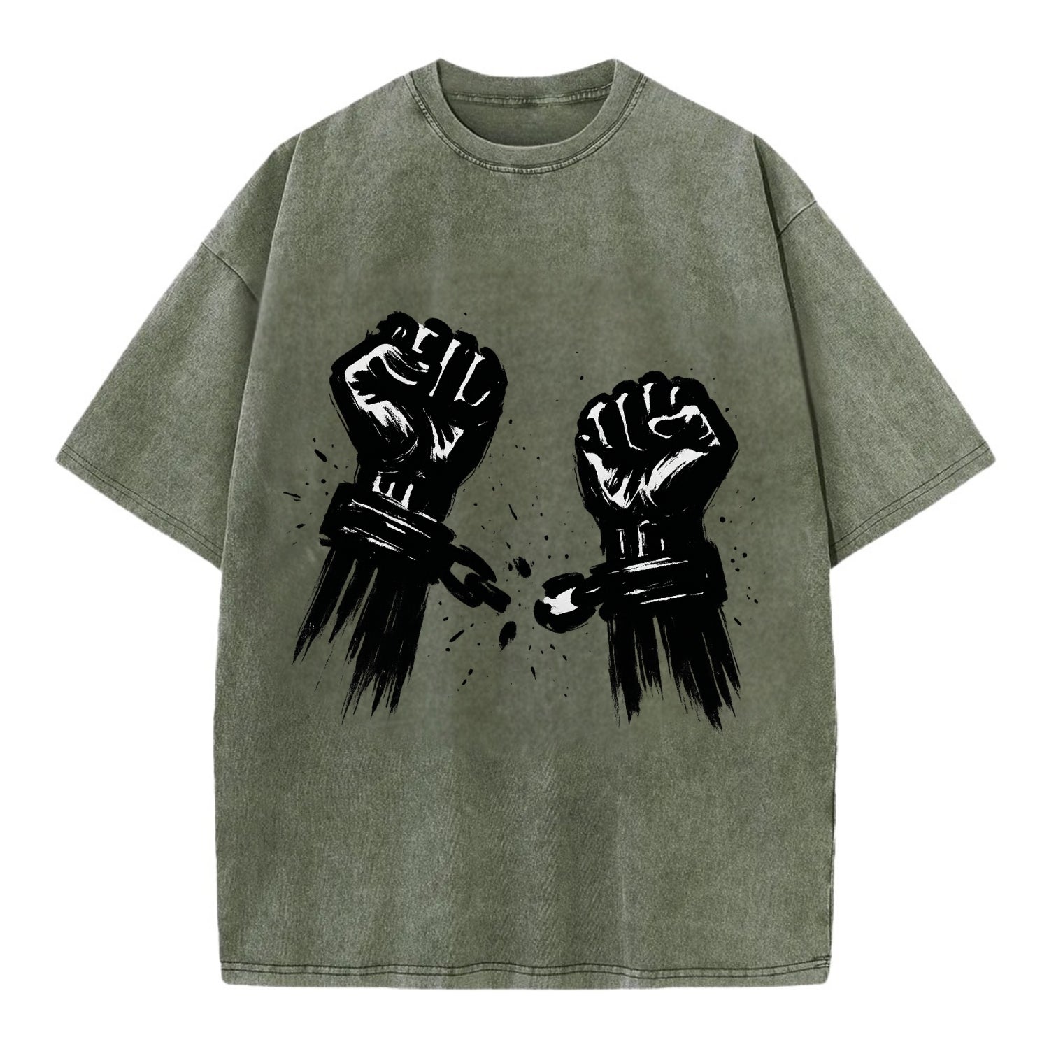 Two raised fists breaking chains - liberation and freedom ink painting - Vintage T-shirt - Army Green