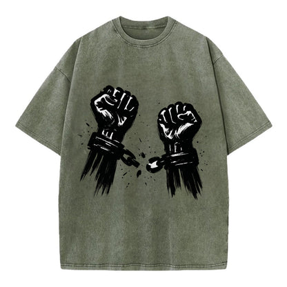 Two raised fists breaking chains - liberation and freedom ink painting - Vintage T-shirt - Army Green